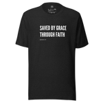 Front view of Black Heather T-shirt with 'Saved by Grace Through Faith' in white bold text.