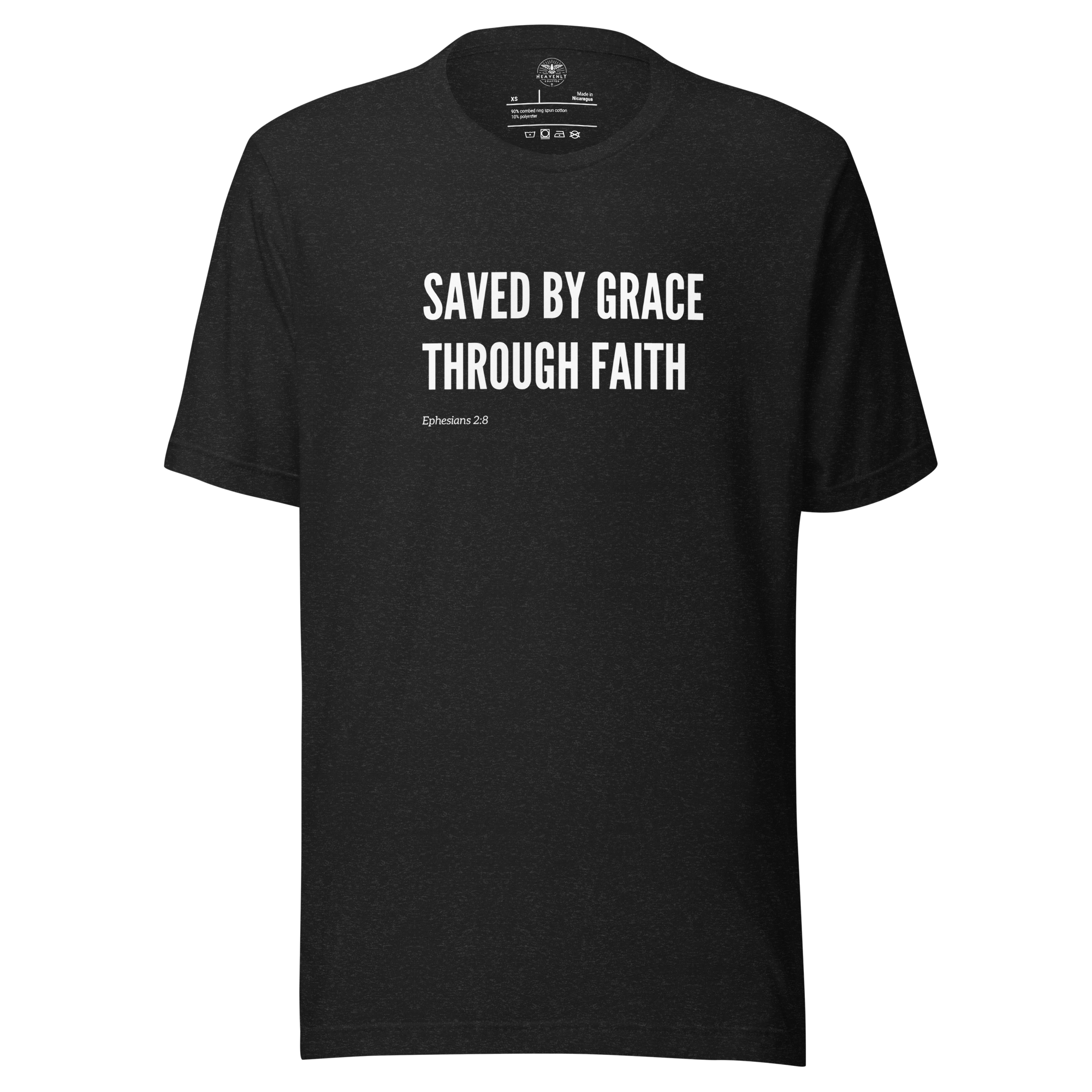 Front view of Black Heather T-shirt with 'Saved by Grace Through Faith' in white bold text.