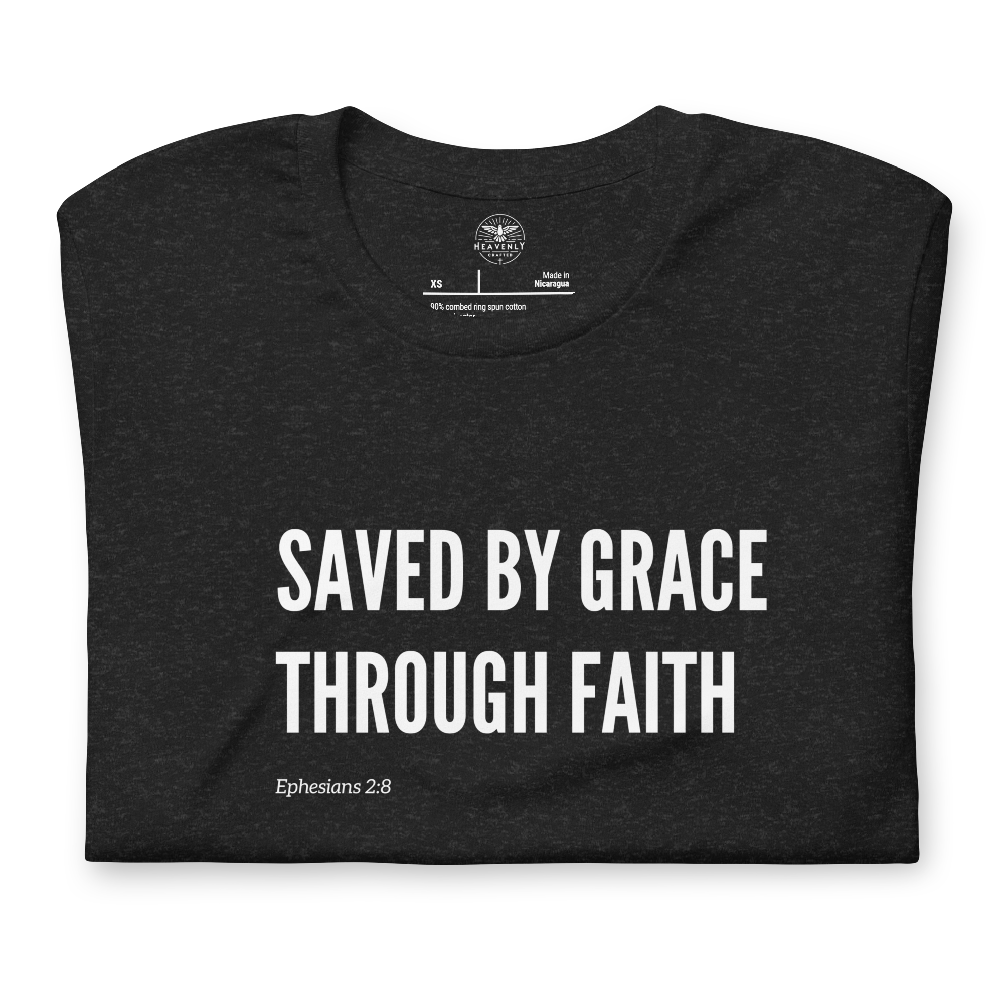Folded Black Heather T-shirt with 'Saved by Grace Through Faith' in white bold script.