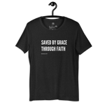 Black Heather 'Saved by Grace Through Faith' T-shirt hanging on a wooden hanger.
