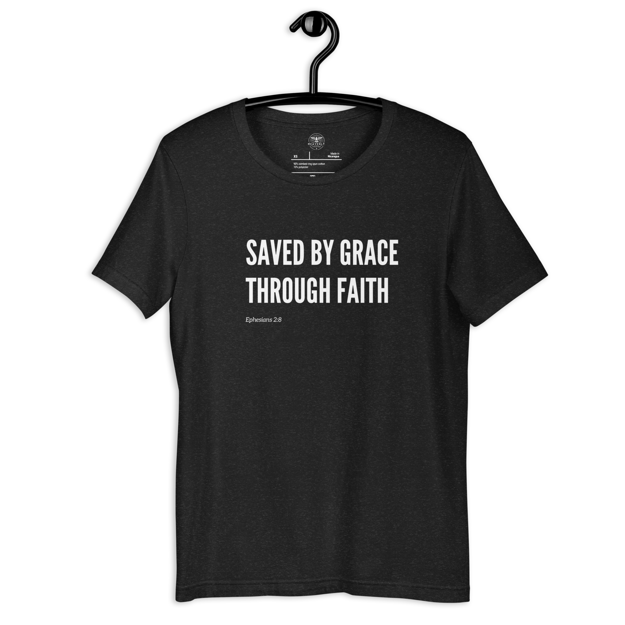 Black Heather 'Saved by Grace Through Faith' T-shirt hanging on a wooden hanger.