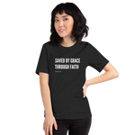 3D mockup of Black Heather 'Saved by Grace Through Faith' T-shirt.