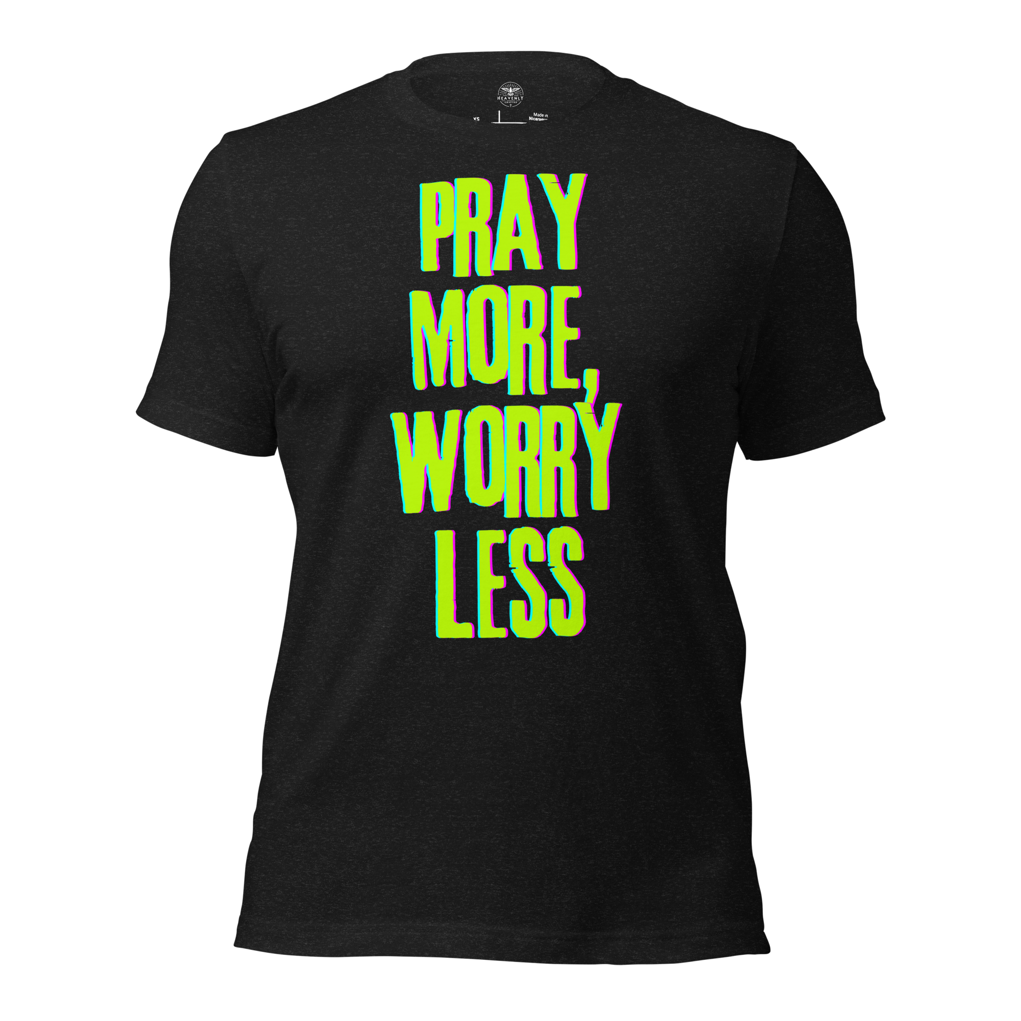 3D mockup of 'Pray More Worry Less' T-shirt in Black Heather showcasing vibrant text.