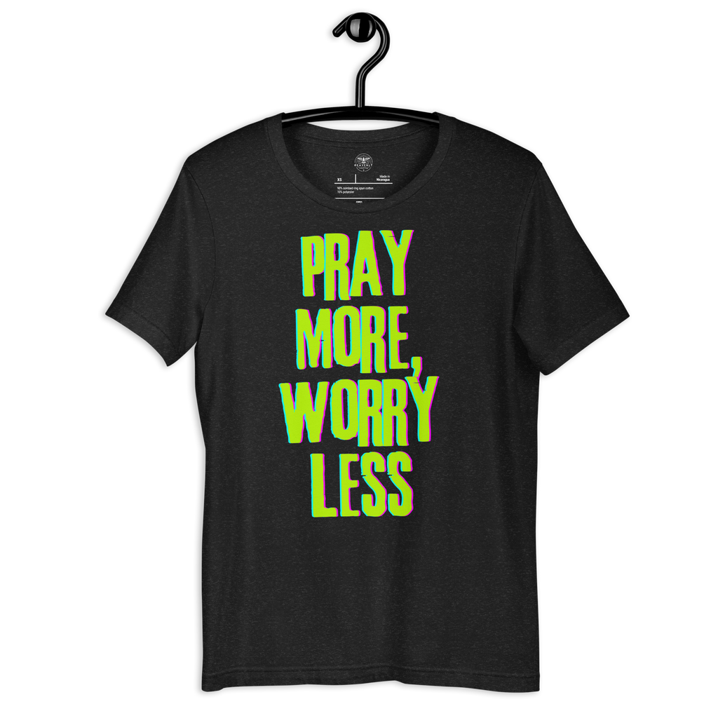 Black Heather 'Pray More Worry Less' T-shirt on a wooden hanger showcasing front design.