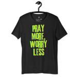 Black Heather 'Pray More Worry Less' T-shirt on a wooden hanger showcasing front design.