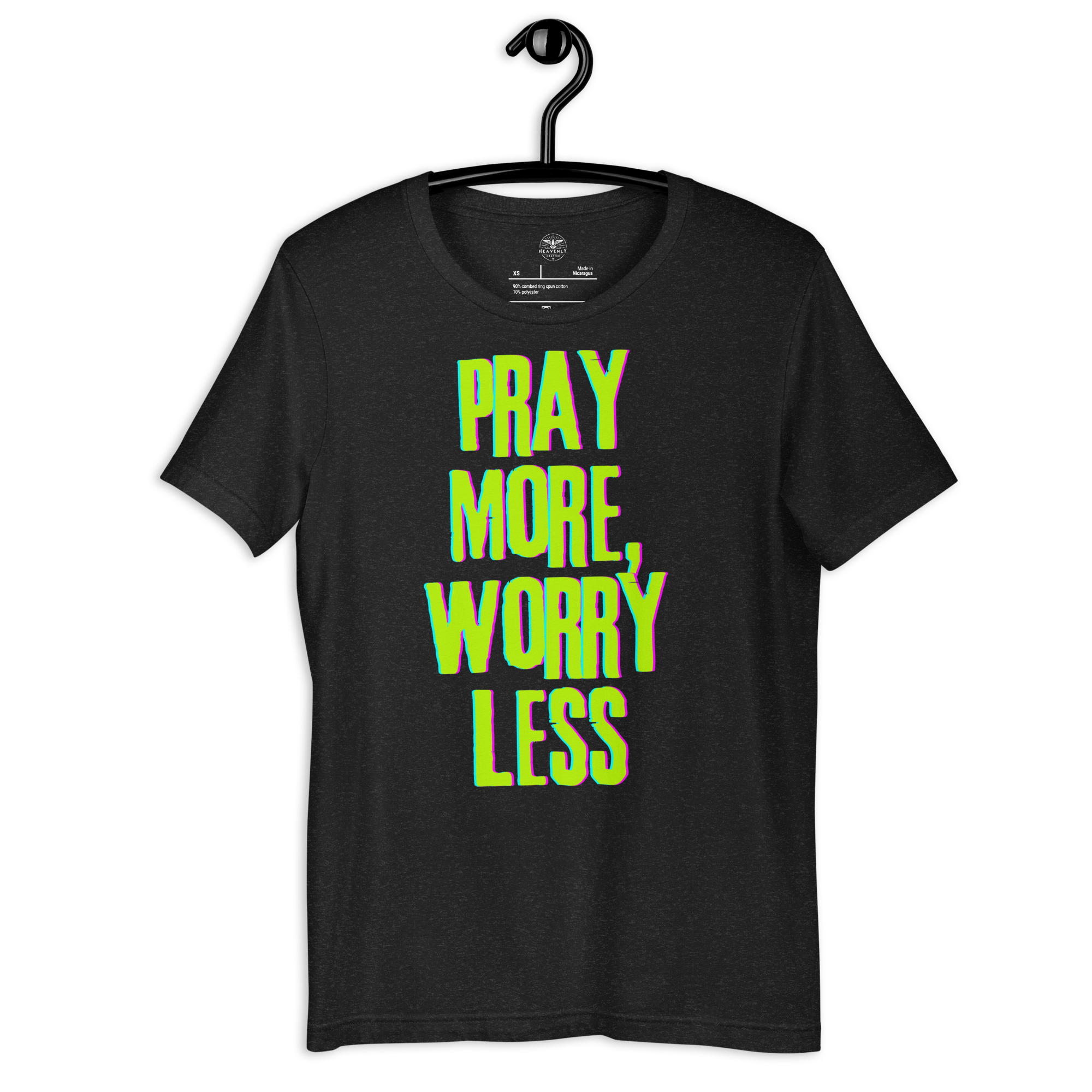 Black Heather 'Pray More Worry Less' T-shirt on a wooden hanger showcasing front design.