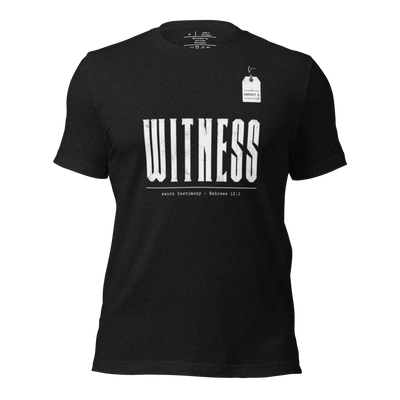 Gospel Noir Christian t-shirt with Witness Hebrews 12:1 front typography print