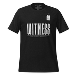 Gospel Noir Christian t-shirt with Witness Hebrews 12:1 front typography print flat