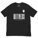 Gospel Noir Christian t-shirt with Witness Hebrews 12:1 front typography print Flat view