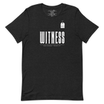 Gospel Noir Christian t-shirt with Witness Hebrews 12:1 front typography print - flat view