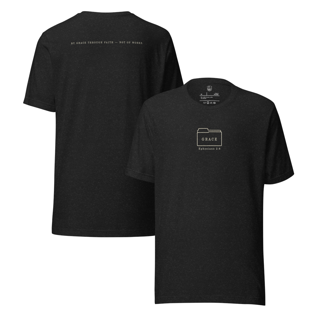 Gospel Noir Filed Under Grace Ephesians 2:8 Christian t-shirt front and back mockup black Heather