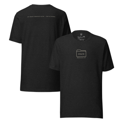 Gospel Noir Filed Under Grace Ephesians 2:8 Christian t-shirt front and back mockup black Heather