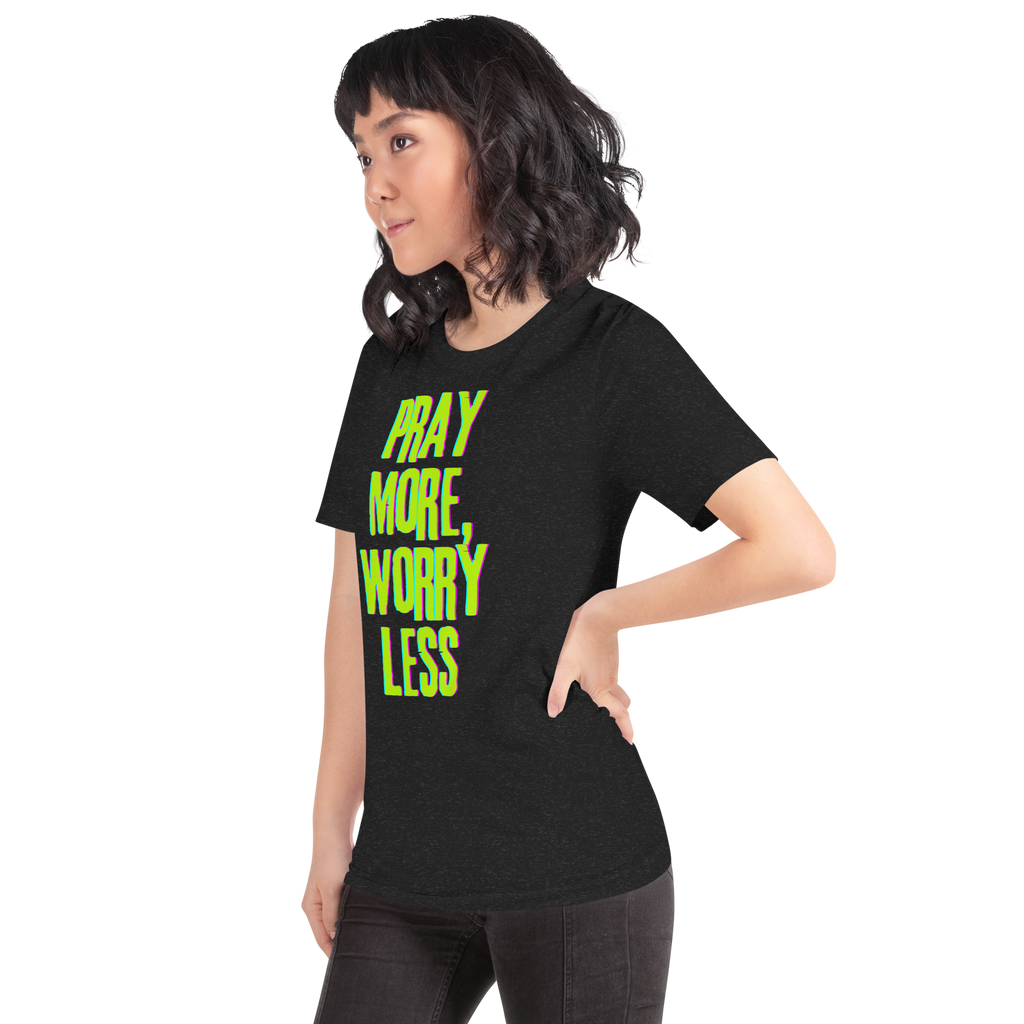 Model wearing the 'Pray More Worry Less' T-shirt in Black Heather, three-quarter view.