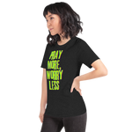 Model wearing the 'Pray More Worry Less' T-shirt in Black Heather, three-quarter view.