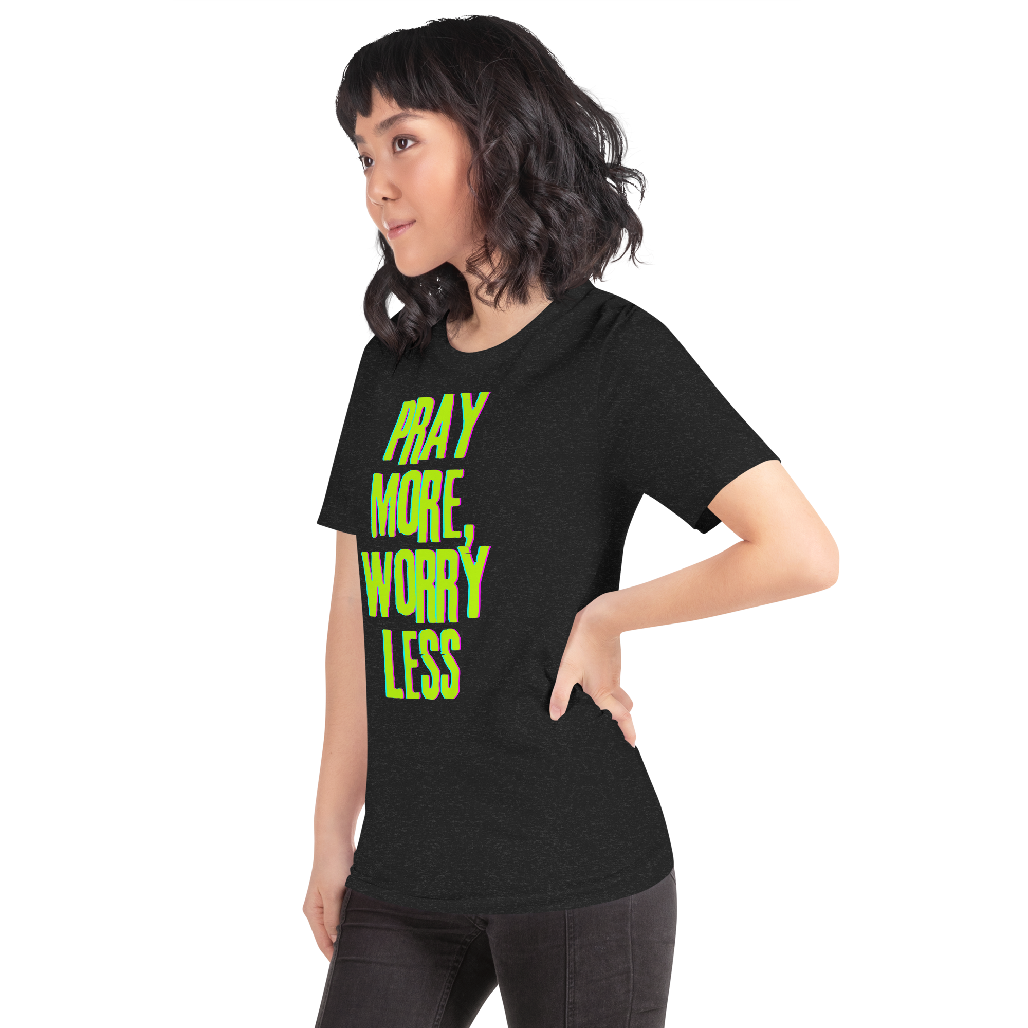 Model wearing the 'Pray More Worry Less' T-shirt in Black Heather, three-quarter view.