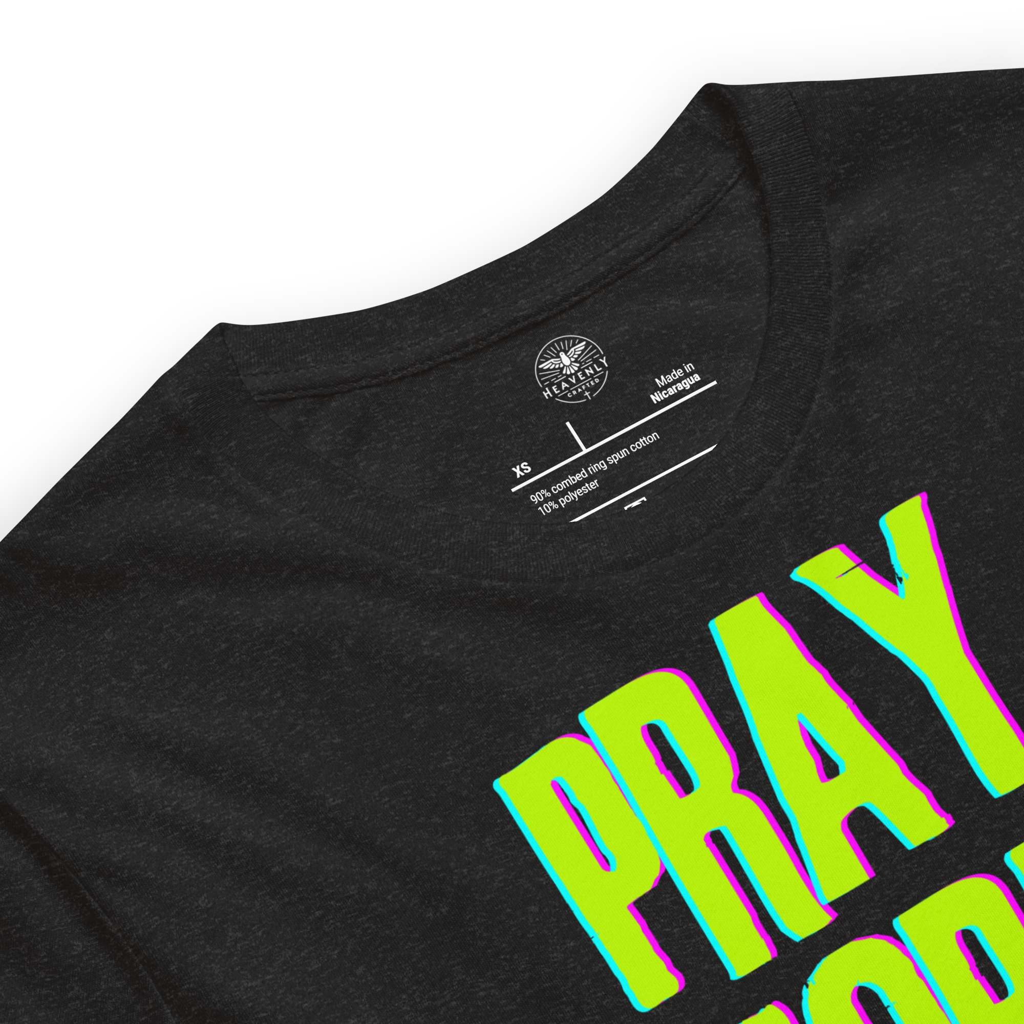 Brand label inside 'Pray More Worry Less' T-shirt showing fabric and care details.