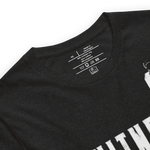Close-up of Gospel Noir collar label inside Witness Hebrews 12:1 Christian t-shirt