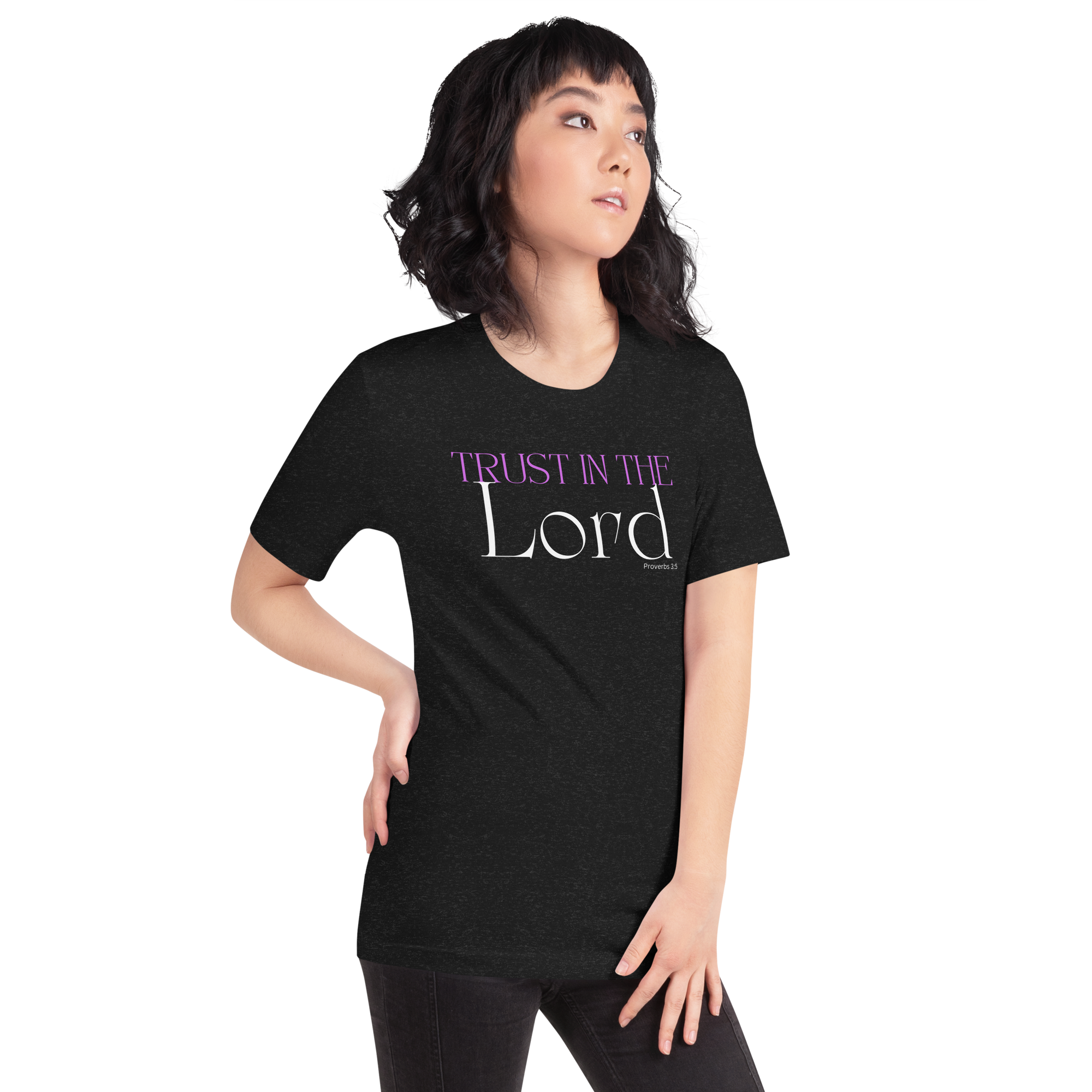 Model wearing 'Trust in the Lord' T-shirt in Black Heather, three-quarter view.