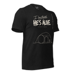 Gospel Noir I Investigated He’s Alive Christian t-shirt front typography design - 3/4 view Black "Investigated He's Alive" T-Shirt left 