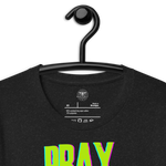 Black Heather 'Pray More Worry Less' T-shirt on a wooden hanger showcasing front design.. Brand label inside 'Pray More Worry Less' T-shirt showing fabric and care details.