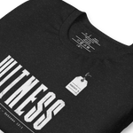 Folded Gospel Noir Witness Hebrews 12:1 Christian t-shirt with minimal faith streetwear design Close up logo in collar