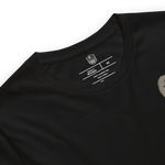 Close-up of Gospel Noir collar label inside black Christian streetwear t-shirt
