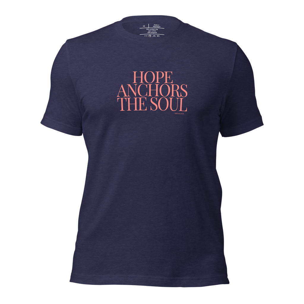 3D mockup of 'Hope Anchors the Soul' T-shirt, showing front design in Heather Midnight Navy.