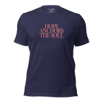 3D mockup of 'Hope Anchors the Soul' T-shirt, showing front design in Heather Midnight Navy.