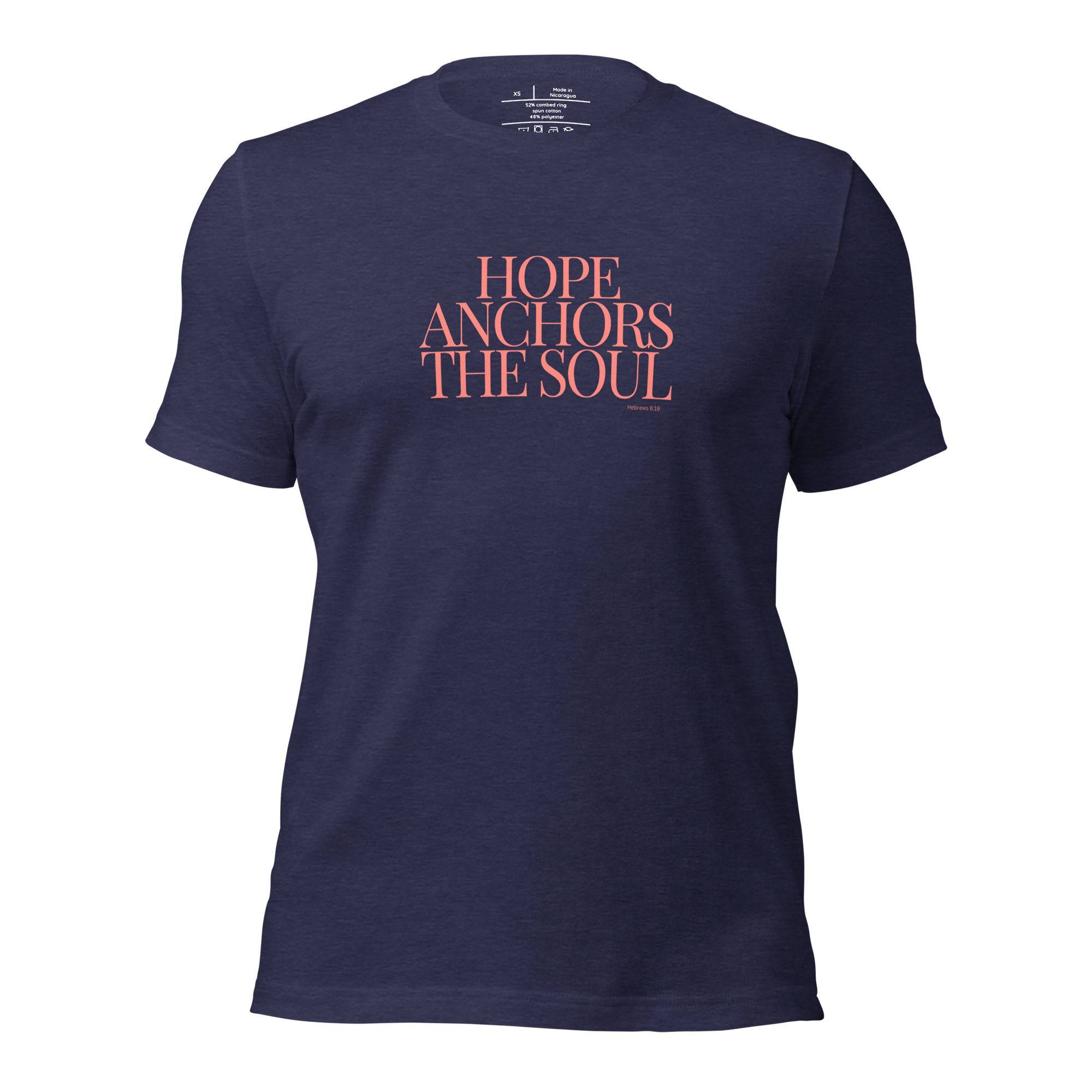 3D mockup of 'Hope Anchors the Soul' T-shirt, showing front design in Heather Midnight Navy.