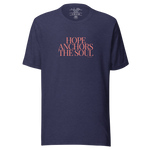 Front view of 'Hope Anchors the Soul' T-shirt in Heather Midnight Navy with pink script.