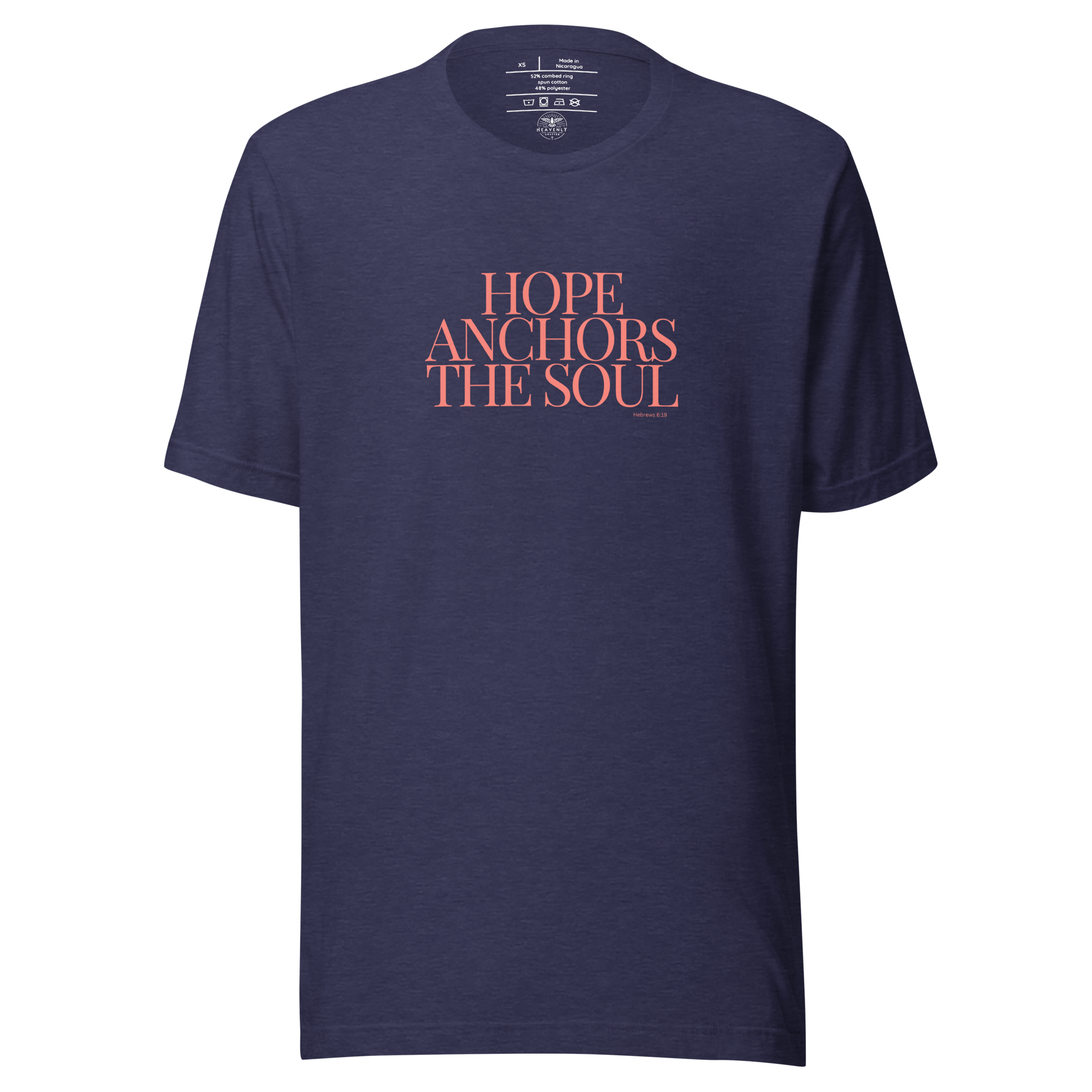 Front view of 'Hope Anchors the Soul' T-shirt in Heather Midnight Navy with pink script.