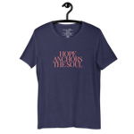 Heather Midnight Navy 'Hope Anchors the Soul' T-shirt on wooden hanger.