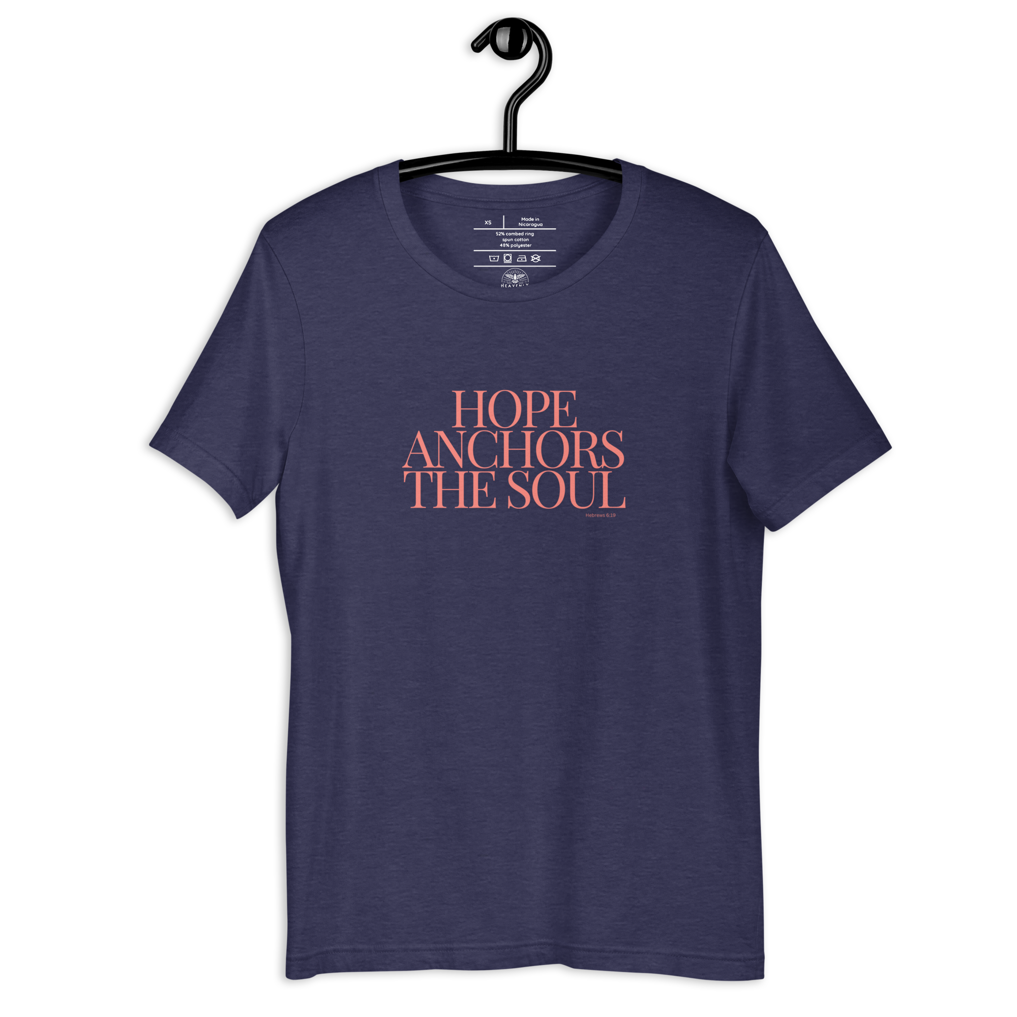 Heather Midnight Navy 'Hope Anchors the Soul' T-shirt on wooden hanger.