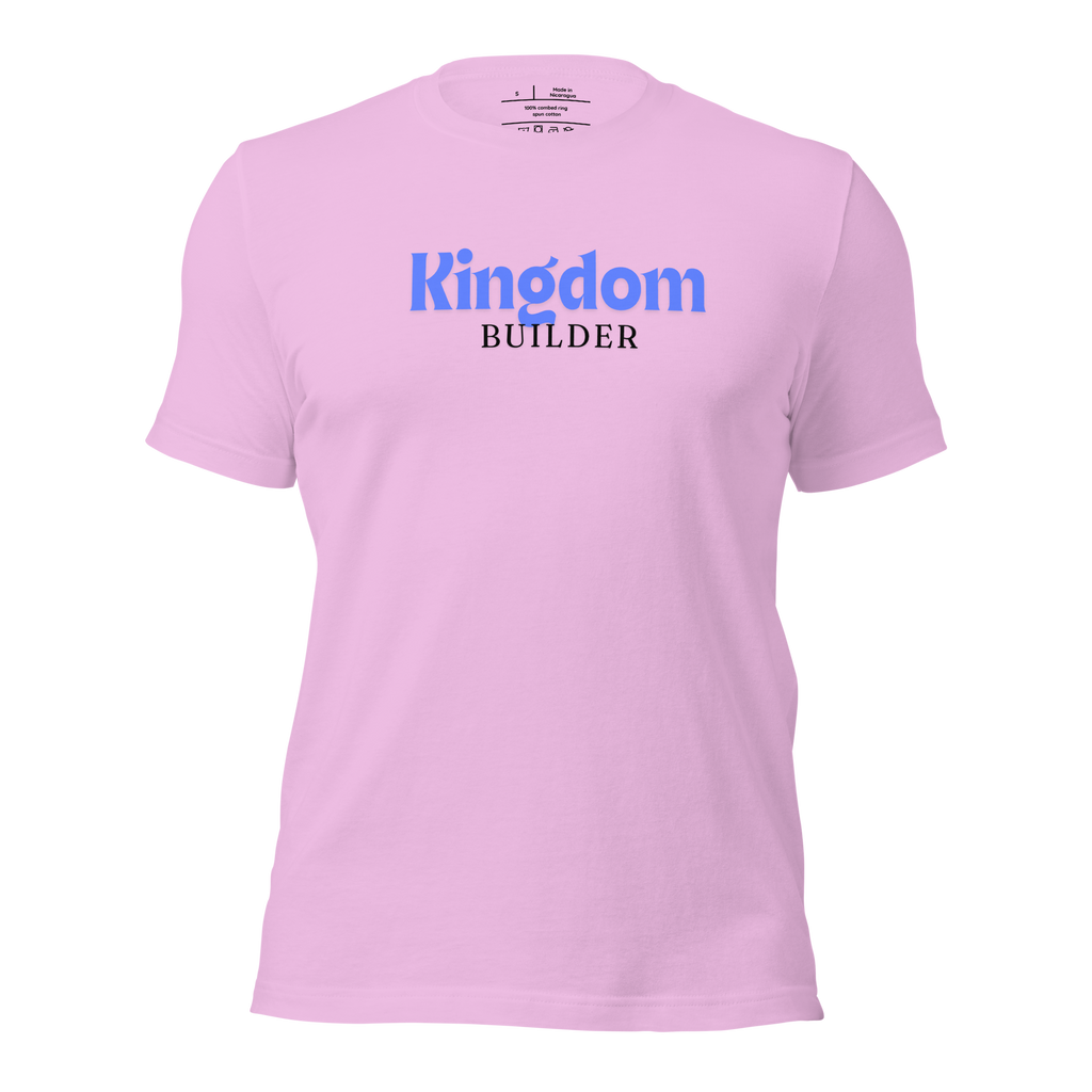 3D mockup of 'Kingdom Builders' T-shirt in pink.