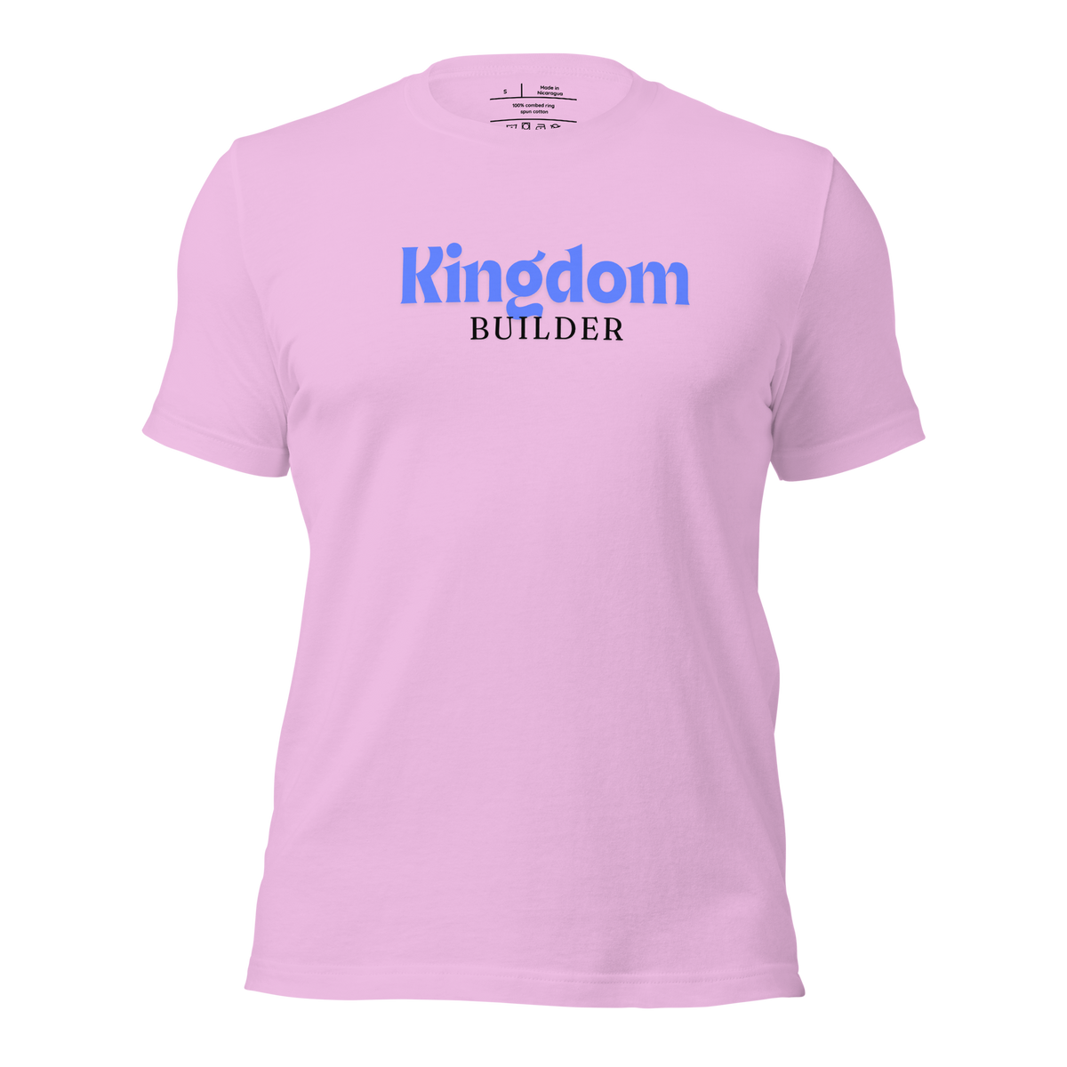 3D mockup of 'Kingdom Builders' T-shirt in pink.