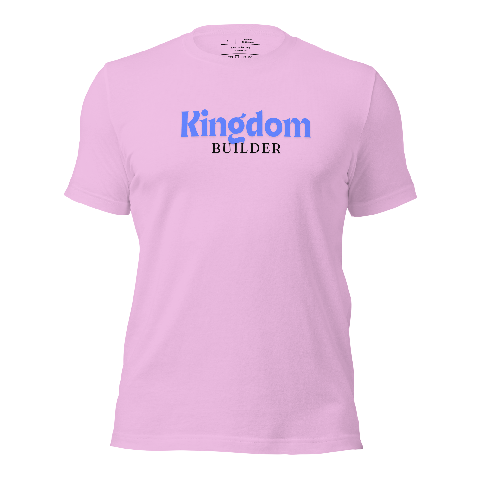 3D mockup of 'Kingdom Builders' T-shirt in pink.