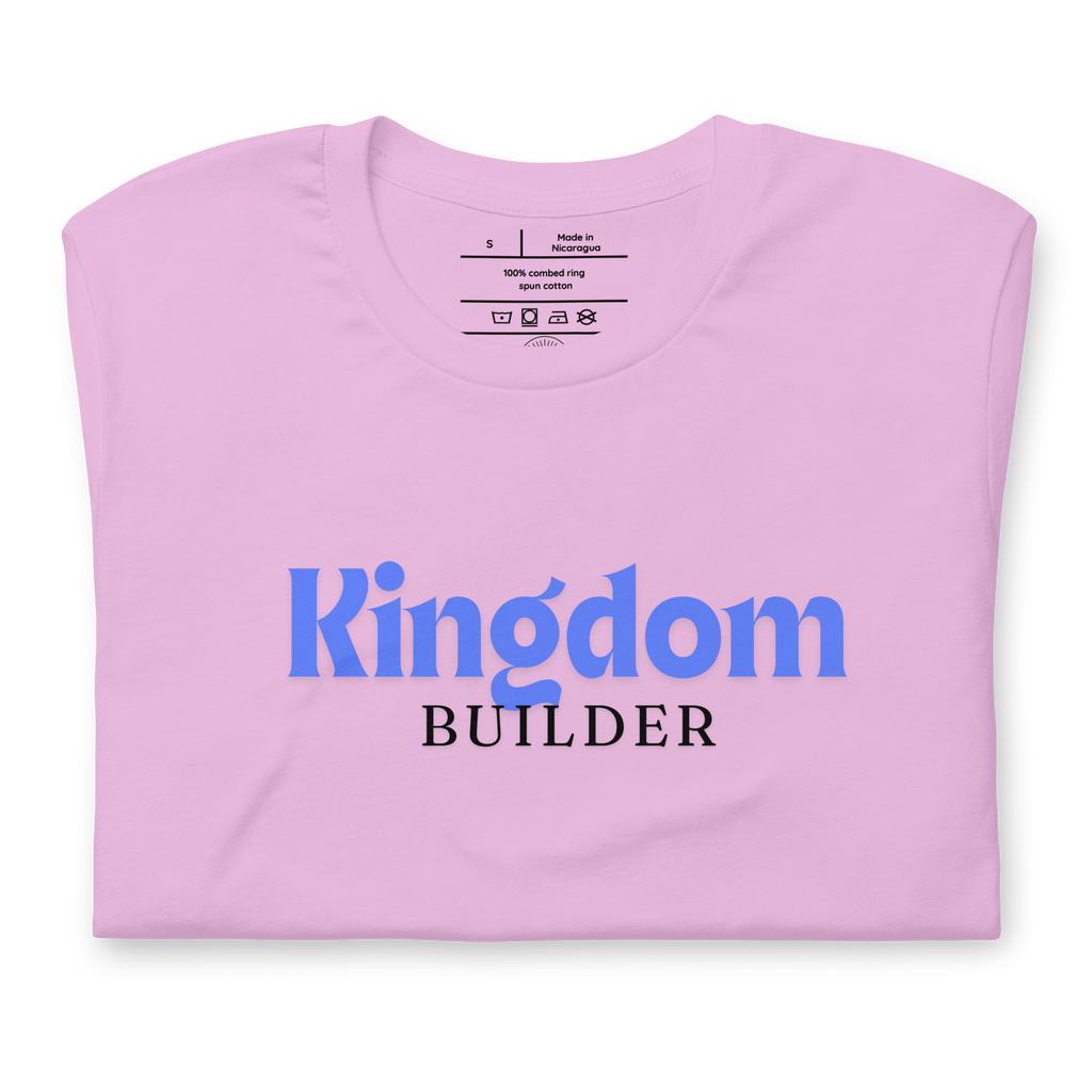 Kingdom Builders T-Shirt – Bold Blue & White on Pink