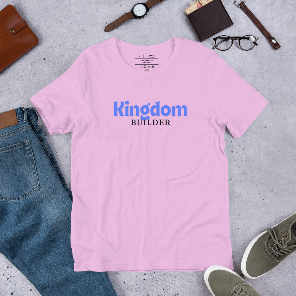 Kingdom Builders T-Shirt – Bold Blue & White on Pink