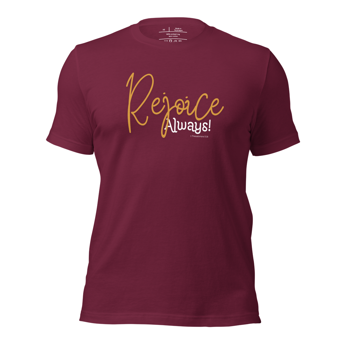 3D mockup of 'Rejoice Always' T-shirt in black color.