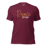 3D mockup of 'Rejoice Always' T-shirt in black color.