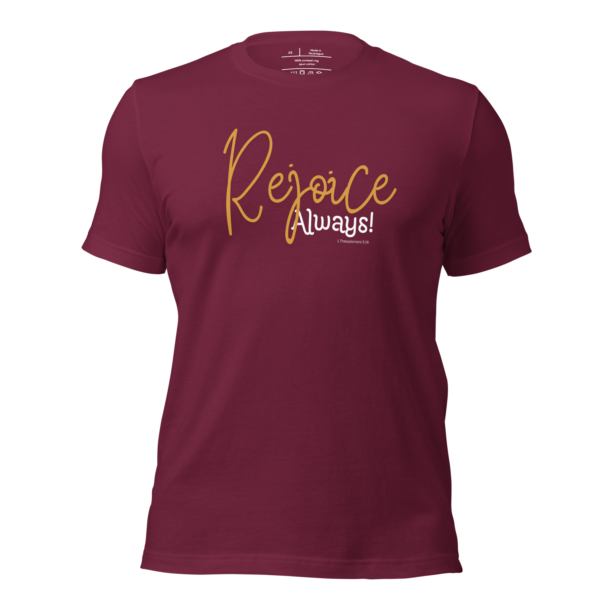 3D mockup of 'Rejoice Always' T-shirt in black color.