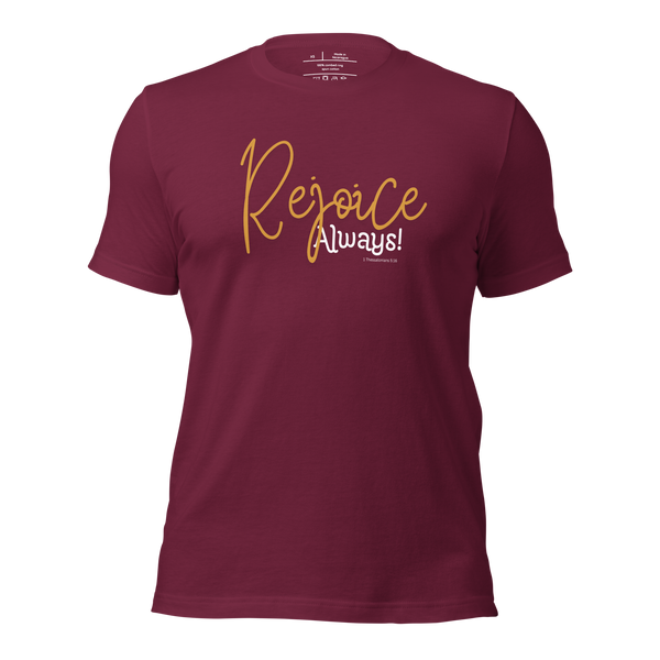 3D mockup of 'Rejoice Always' T-shirt in black color.