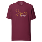 Front view of 'Rejoice Always' black T-shirt on a flat surface.