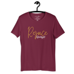"Front view of 'Rejoice Always' black T-shirt hanging on a wooden hanger."