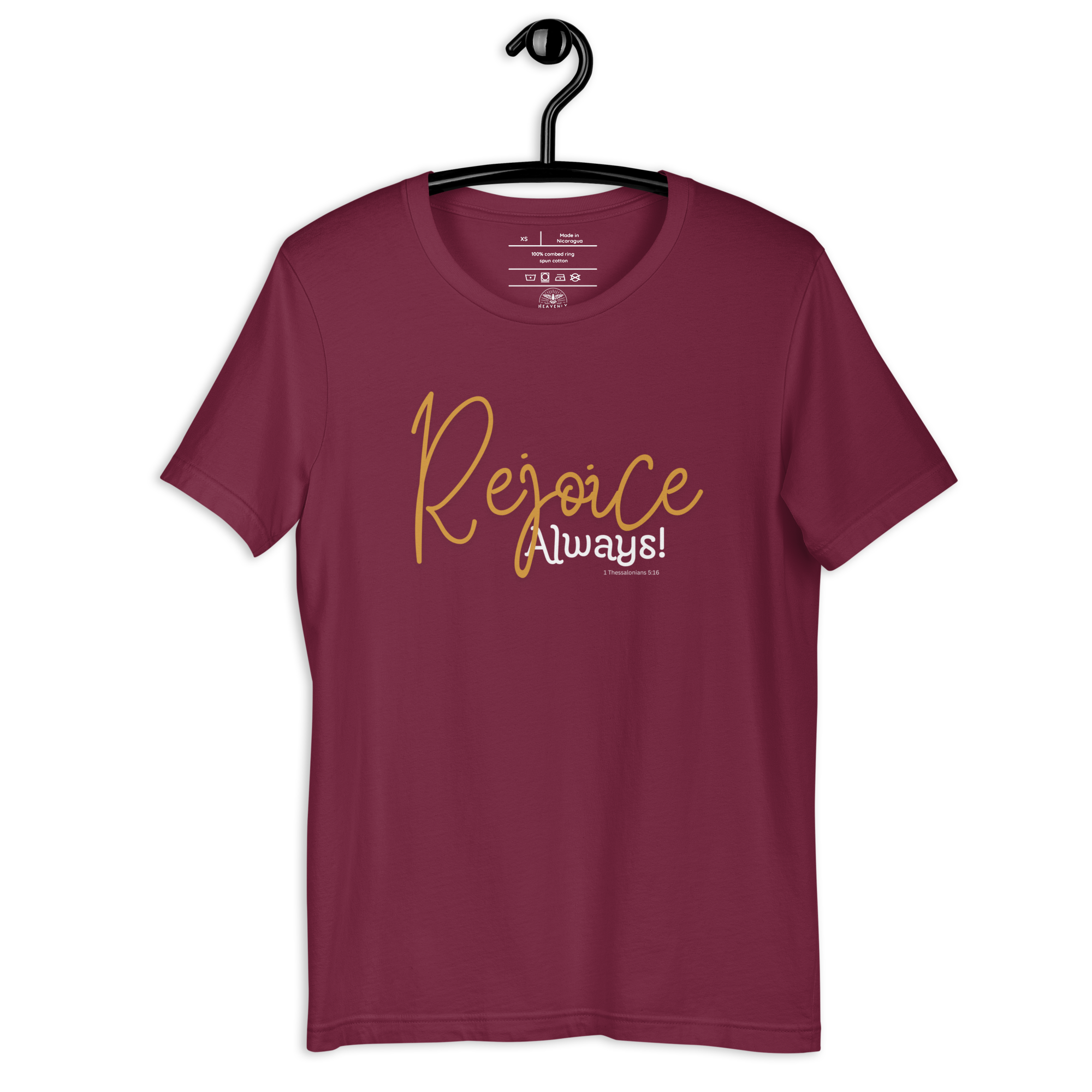 "Front view of 'Rejoice Always' black T-shirt hanging on a wooden hanger."