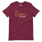 Front view of 'Rejoice Always' black T-shirt on a flat surface