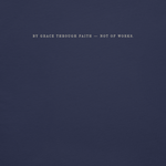 Close-up of Filed Under Grace folder tab graphic on Gospel Noir Christian t-shirt - Navy Close up text