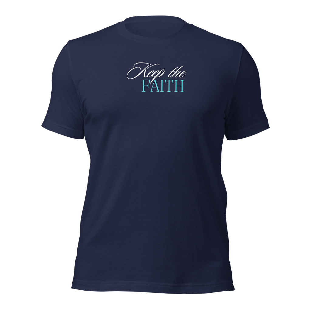 3D mockup of 'Keep the Faith' T-shirt, navy color.