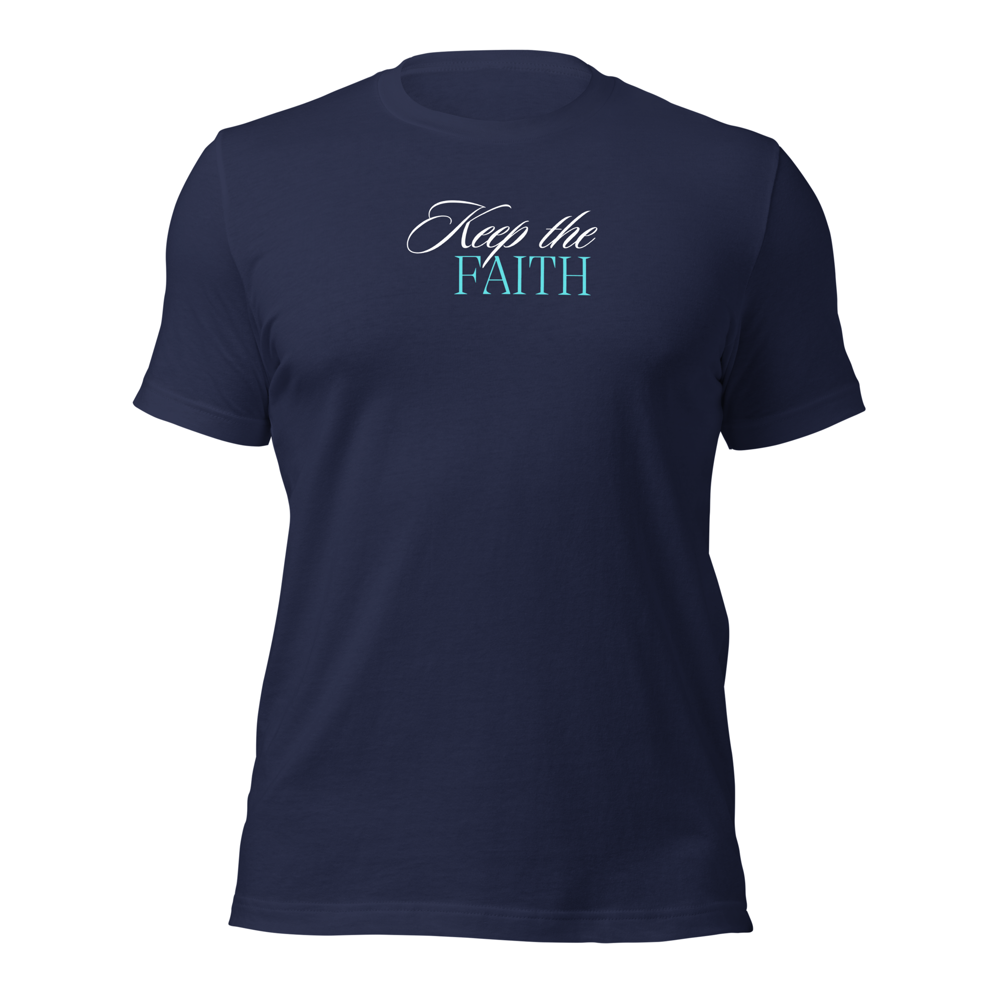 3D mockup of 'Keep the Faith' T-shirt, navy color.