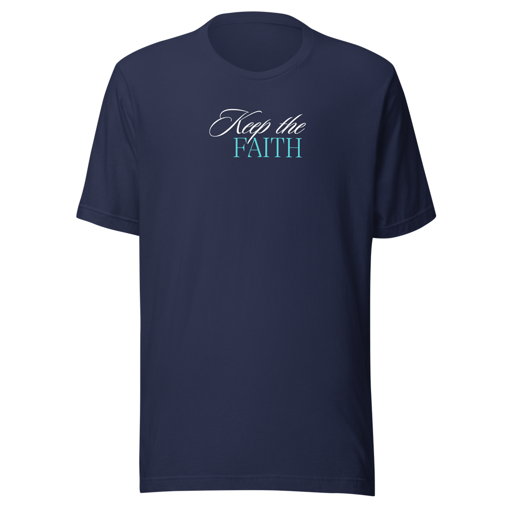 Front view of 'Keep the Faith' navy T-shirt on a flat surface